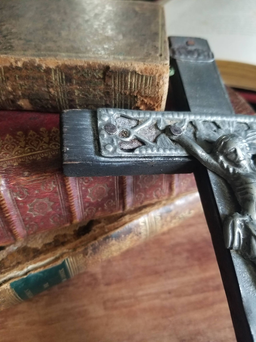 Thumbnail: Antique French peddlar's cross Crucifix de colporteur tool passion 1700 folk art wood and embossed metal  Arma Christi