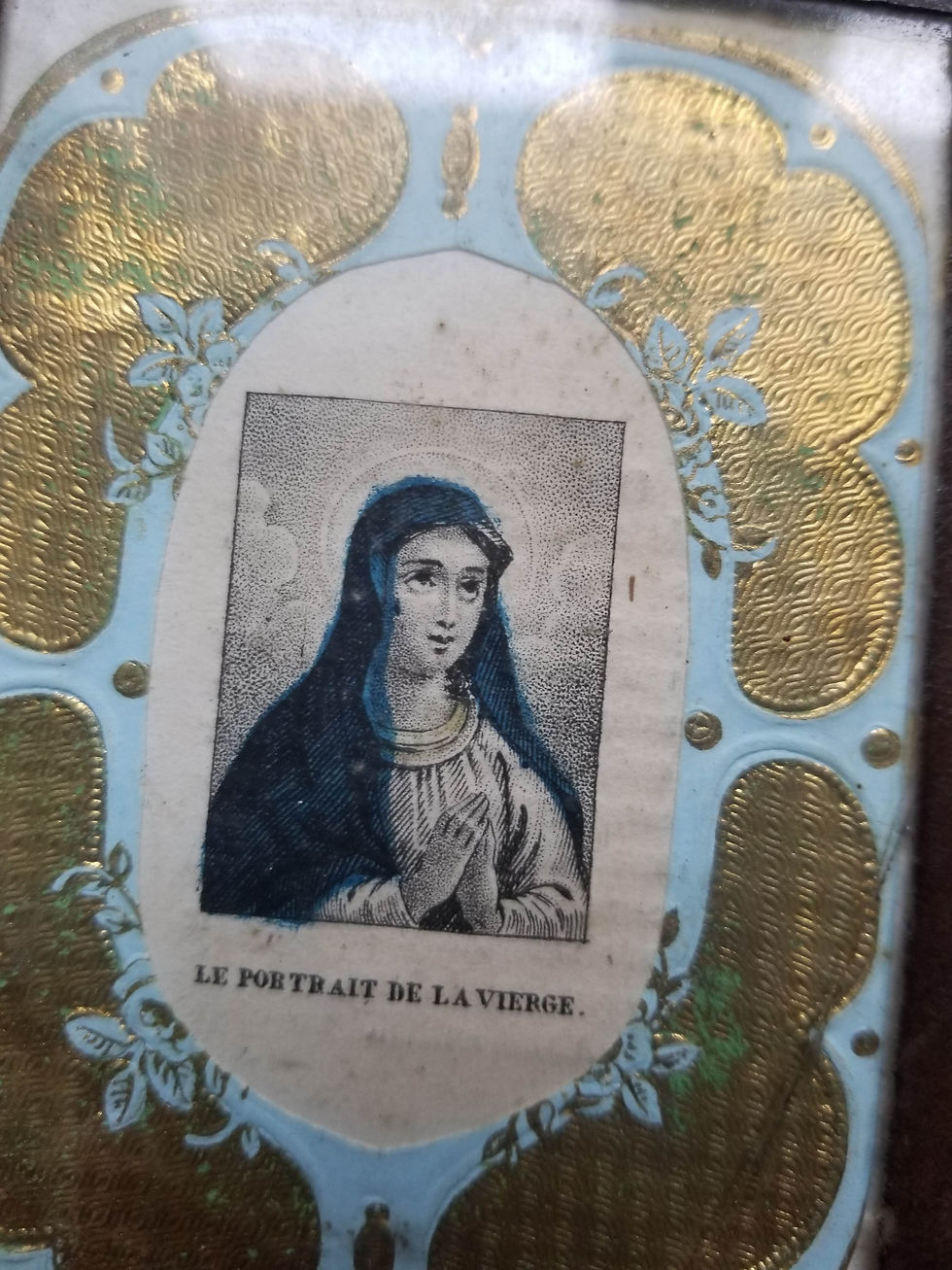 Miniature : French antique portrait of the Virgin Mary print under glass gold paint