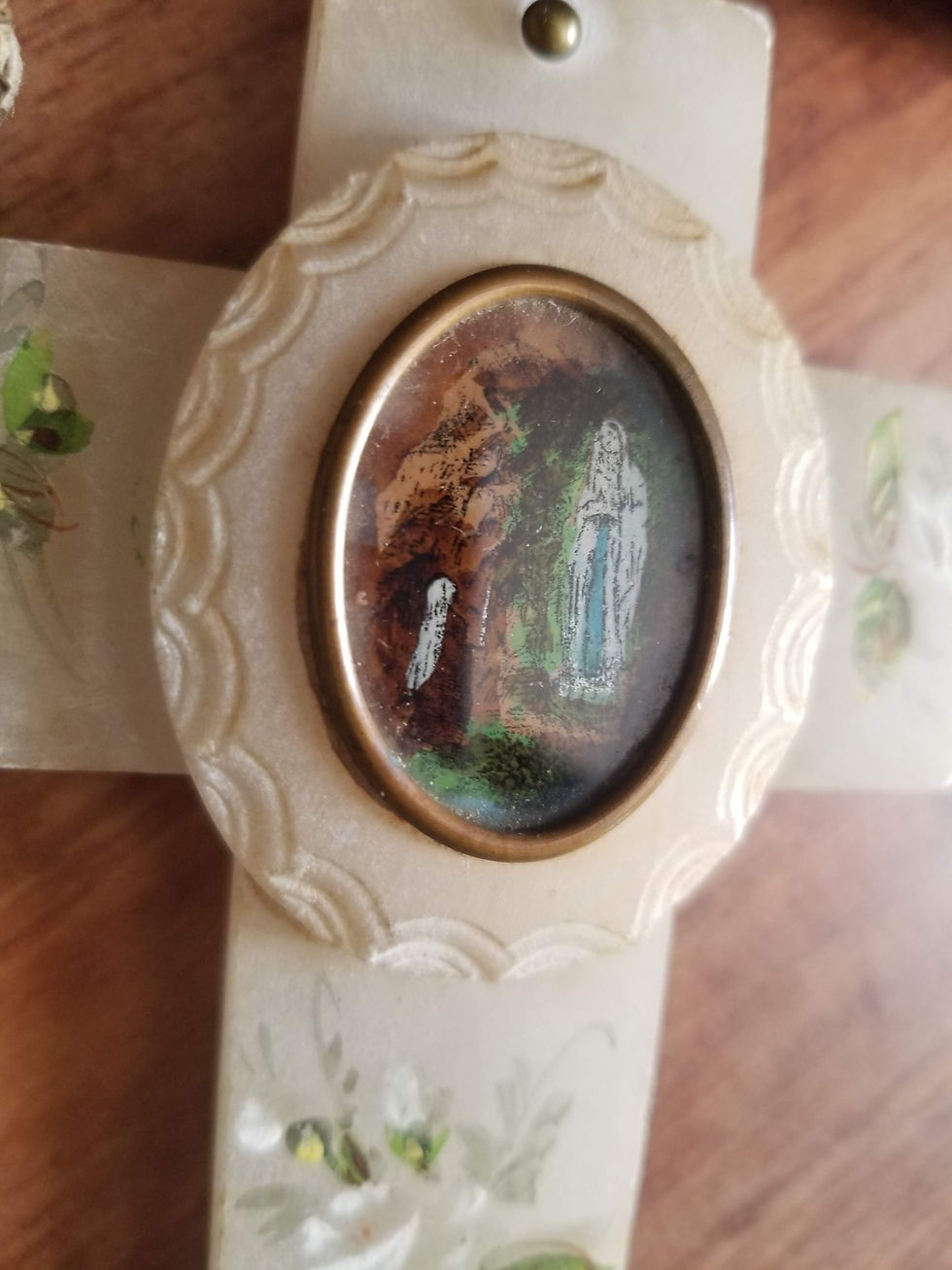 Thumbnail: French antique alabaster wall cross with Lourdes painting medallion.