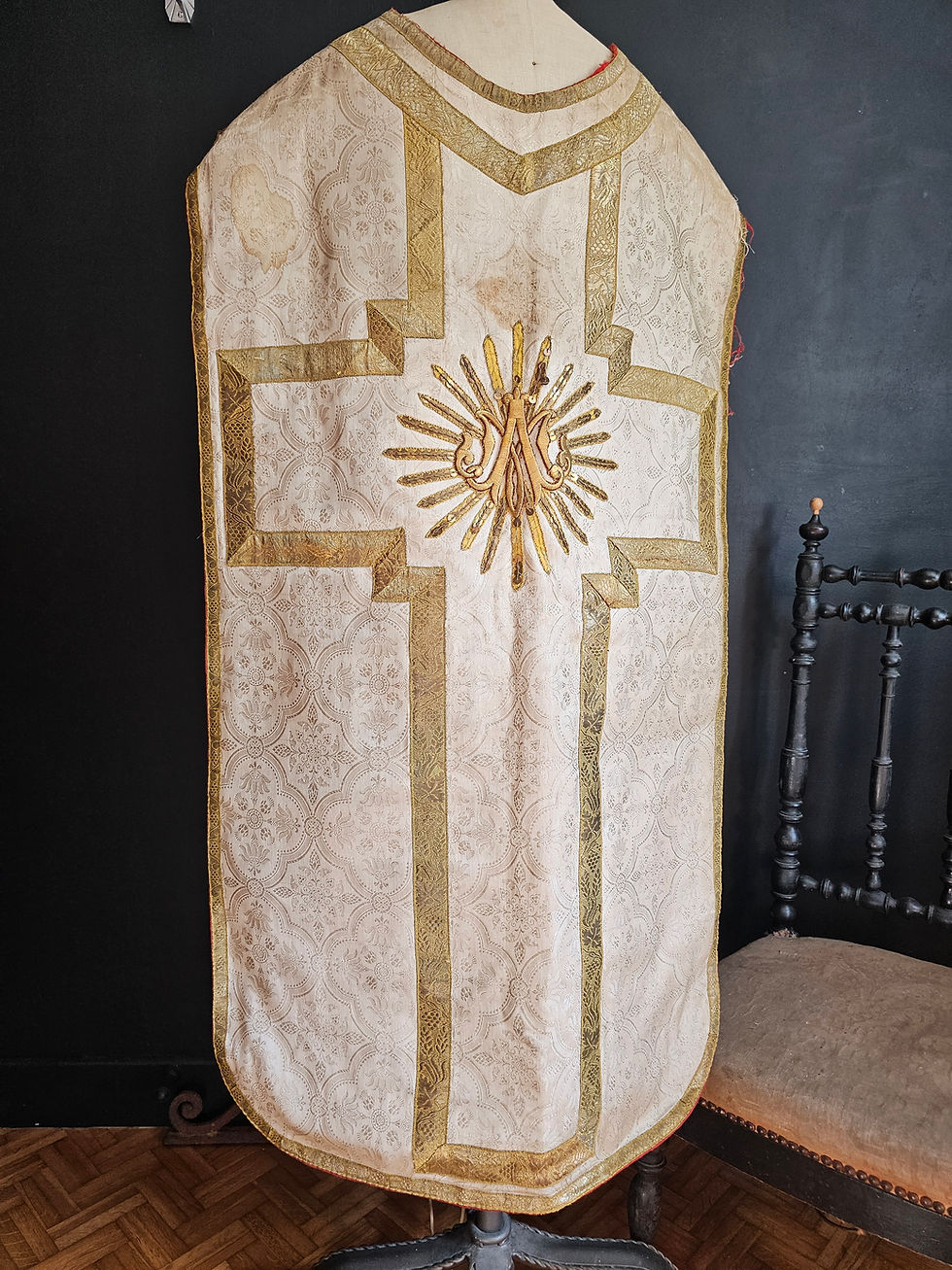 Vintage cream priest's chasuble with A M initials - very worn