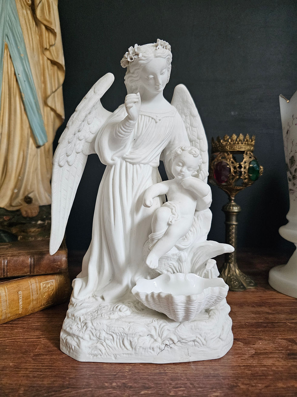 Thumbnail: Antique bisque statue of a guardian angel with Holy water font