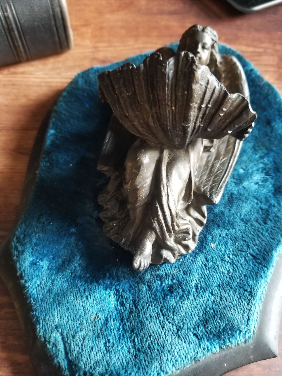 Thumbnail: French antique Angel Holy water font, metal statue on blue velvet ebonized wood
