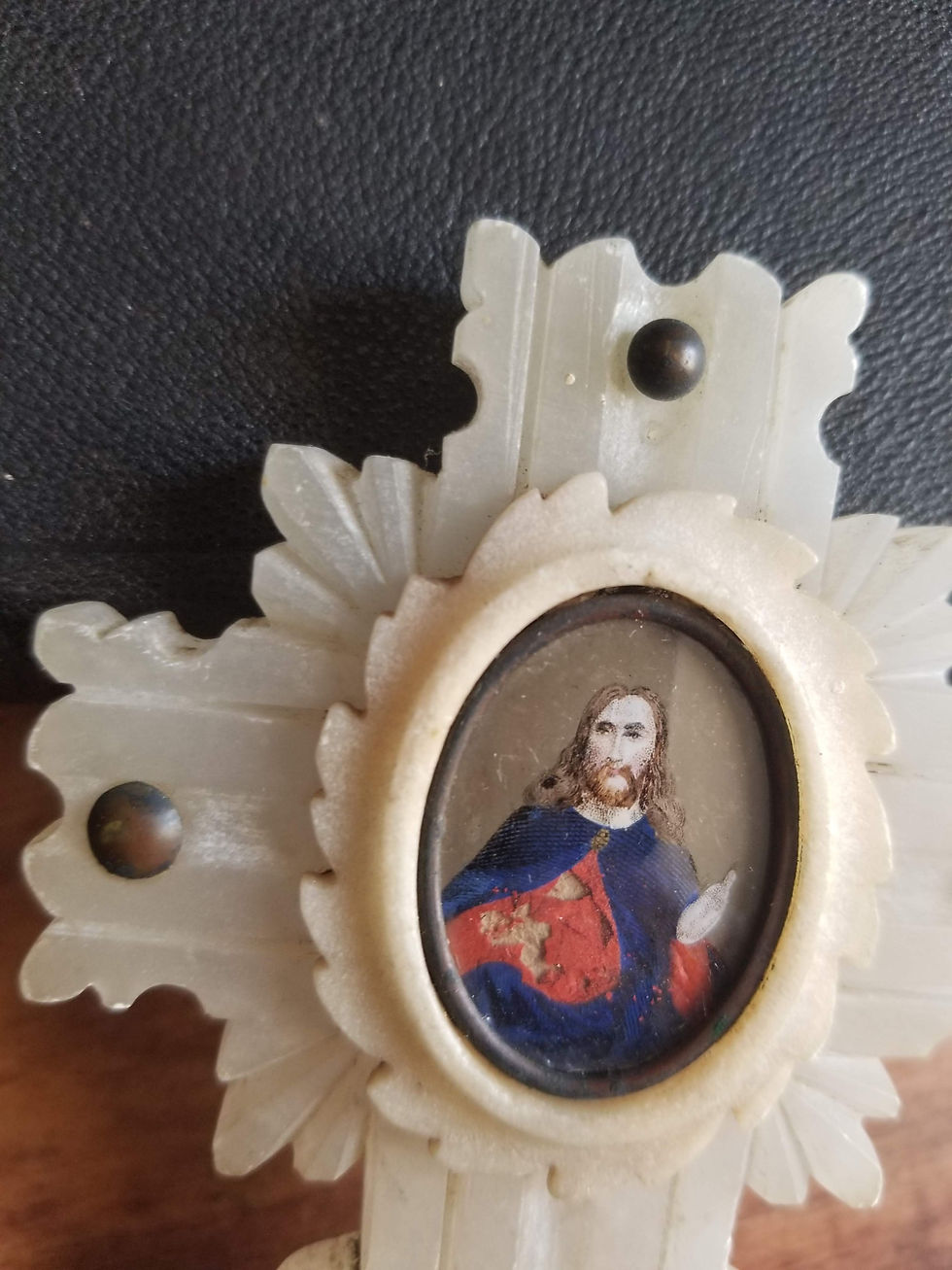 Thumbnail: French antique reverse painting of Jesus on alabaster cross with Holy water font