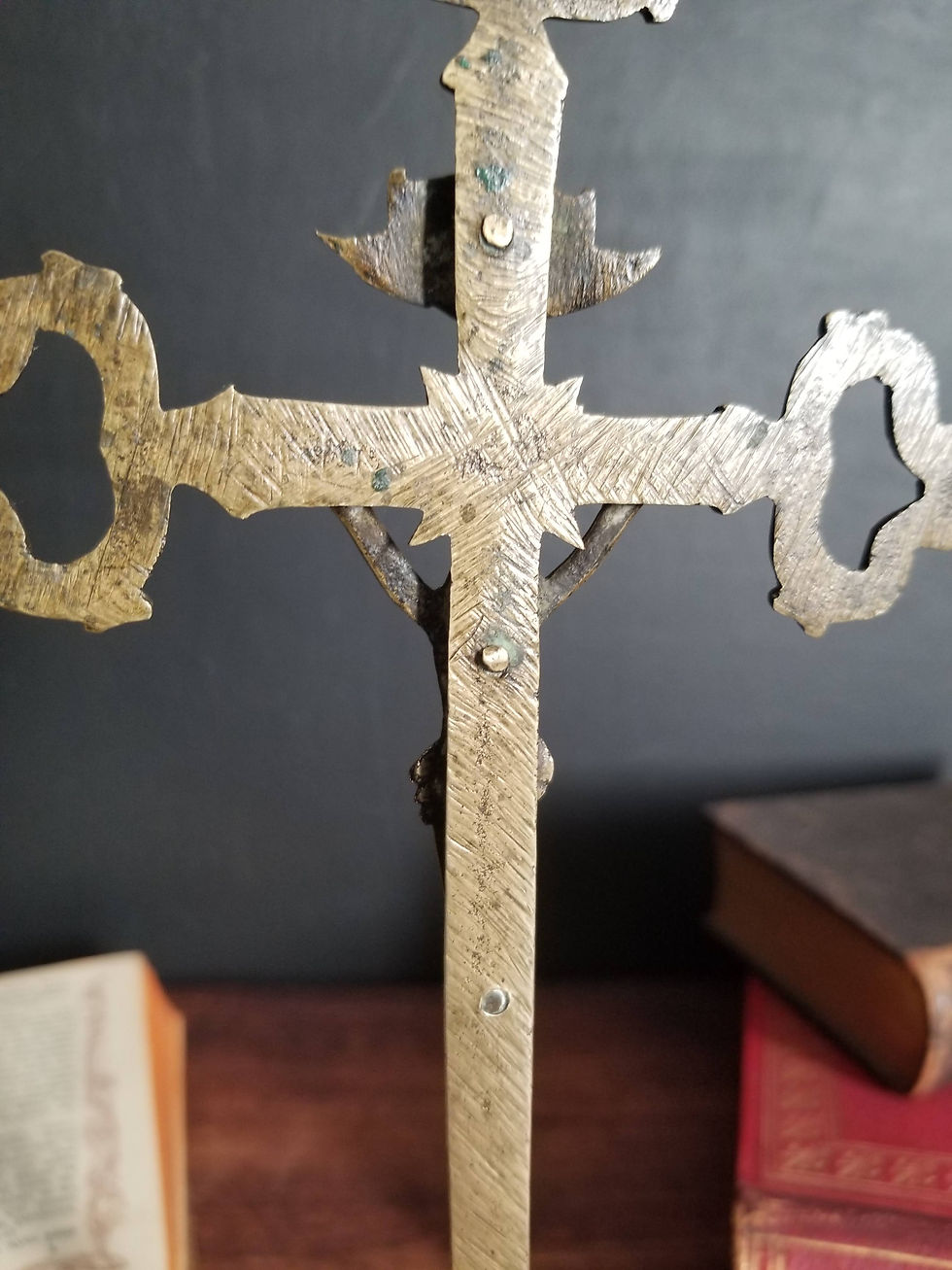 Thumbnail: French antique brass altar crucifix with skull and crossbones.