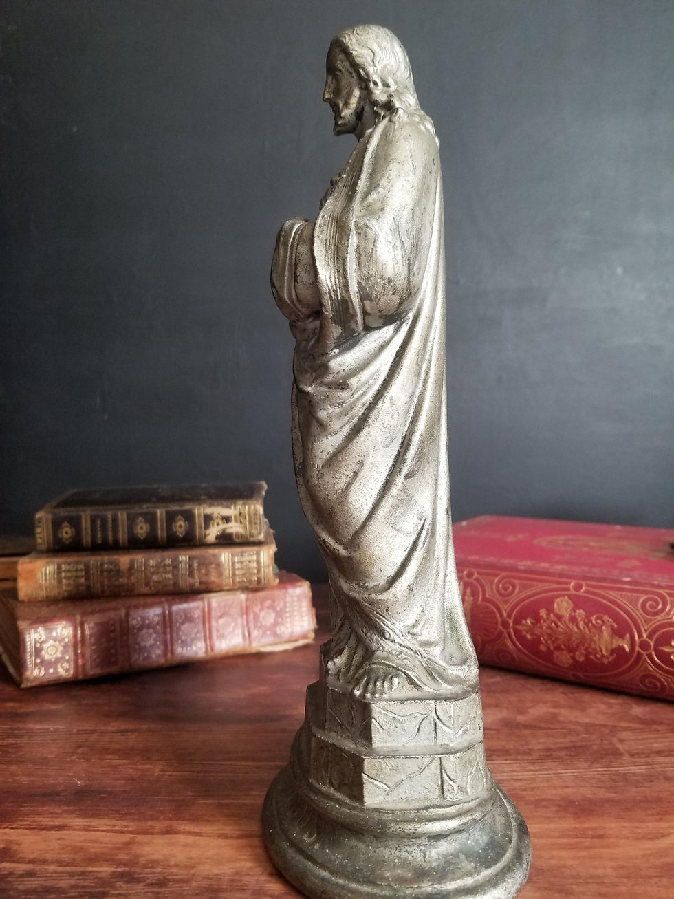 Thumbnail: French antique Sacred Heart of Jesus silver painted metal statue.
