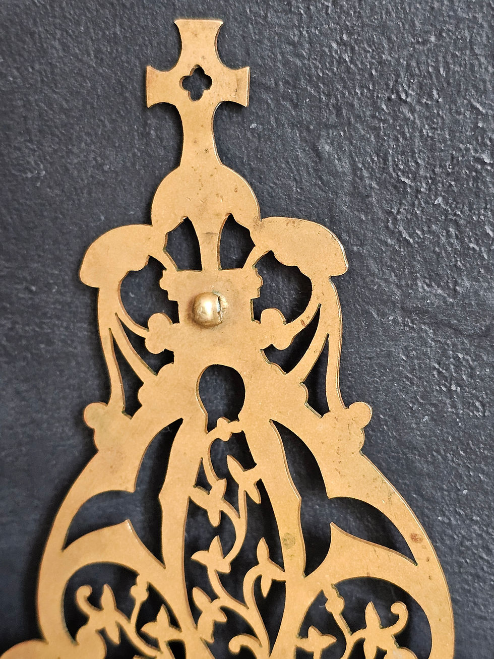Thumbnail: Large antique religious cut brass frame with doors - Chalice, Host and leaf
