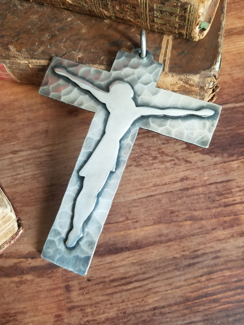Antique Jean Després First Holy communion cross in hammered silver plated metal