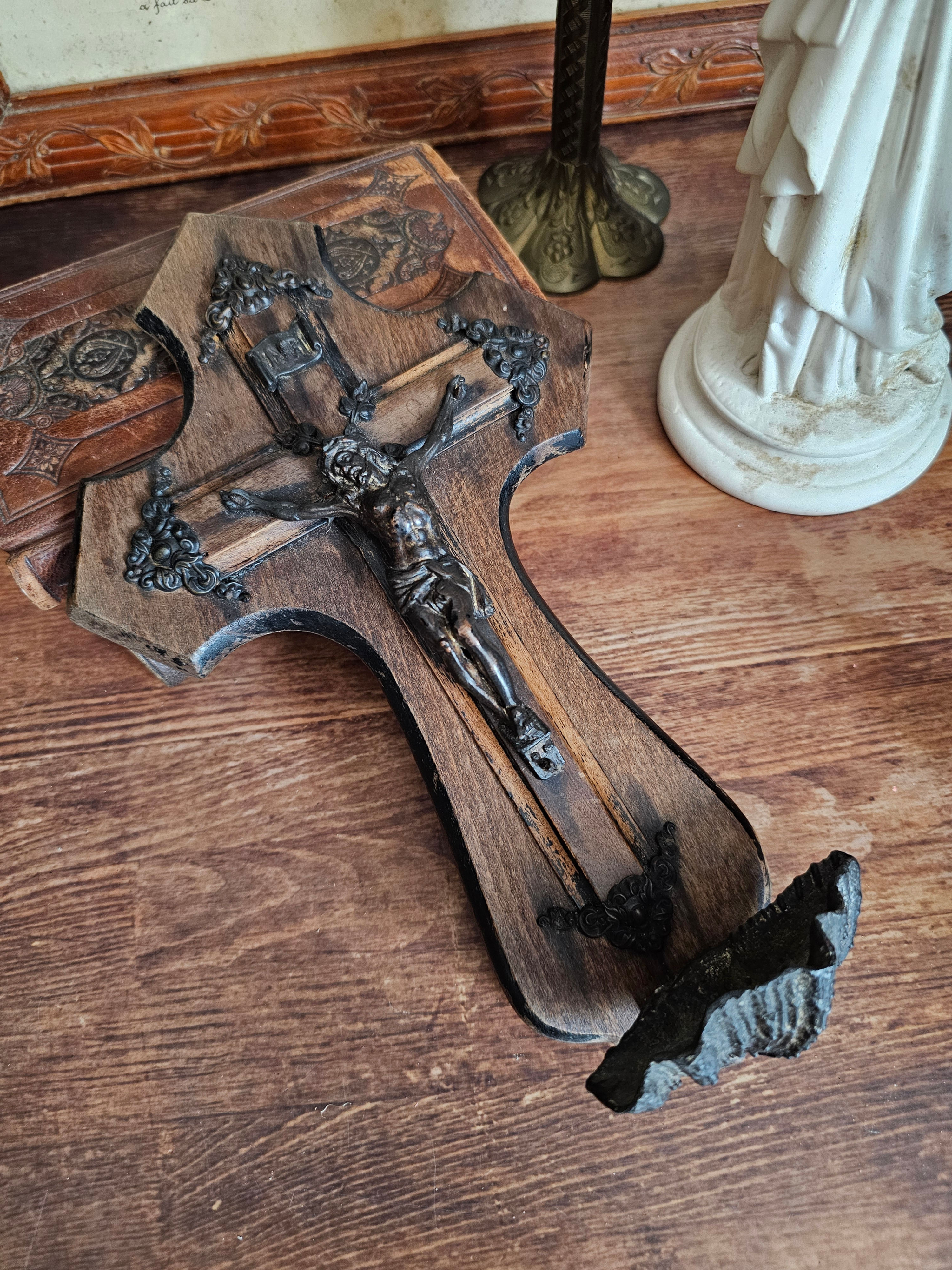 French antique wood wall crucifix with shell-shaped stoup