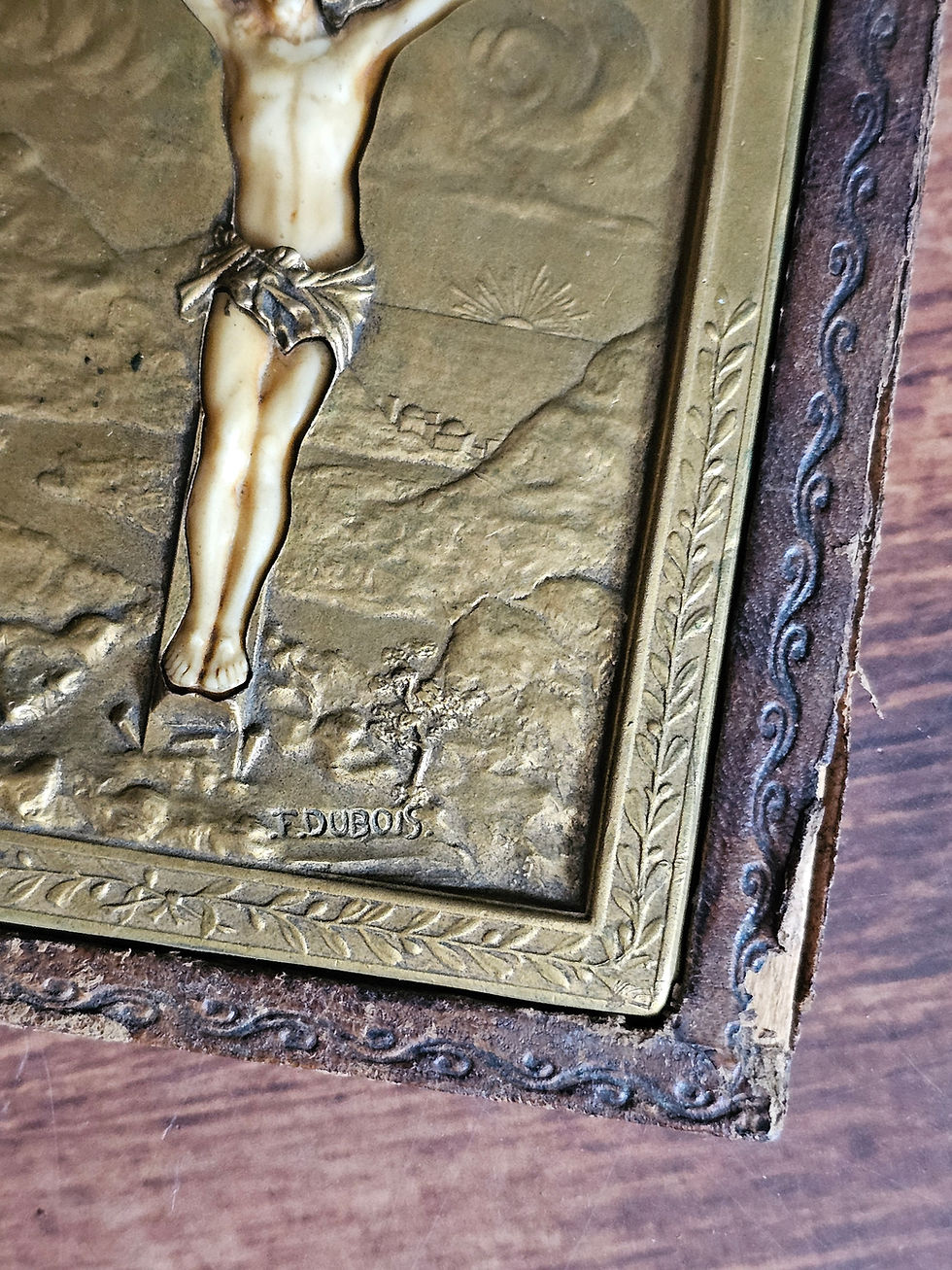 Thumbnail: French antique crucifixion reliquary desk frame. Signed F. Dubois