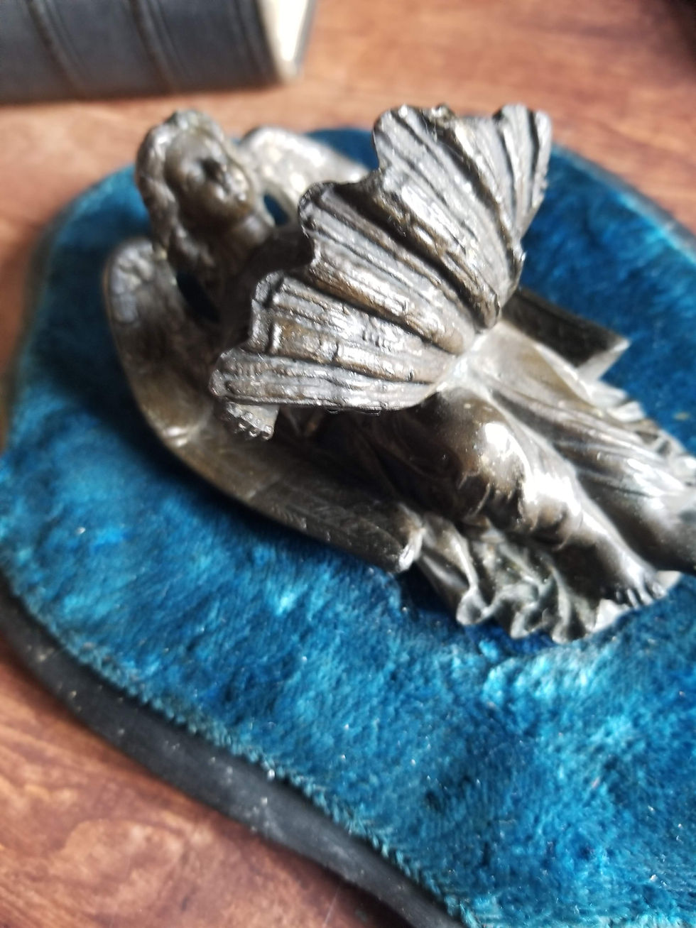 Thumbnail: French antique Angel Holy water font, metal statue on blue velvet ebonized wood