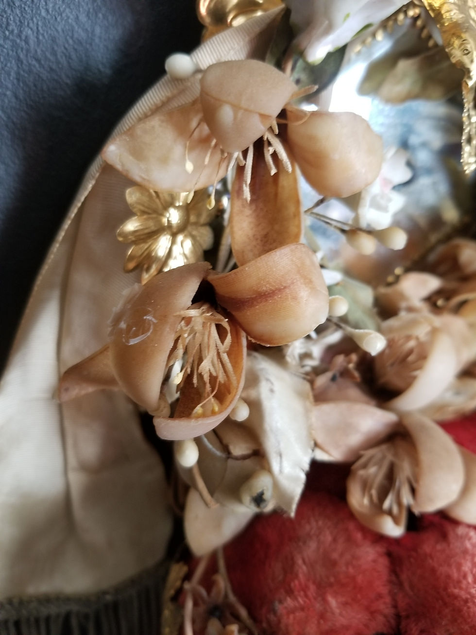 Thumbnail: French antique Globe de mariée, velvet cushion. Wedding crown bell jar