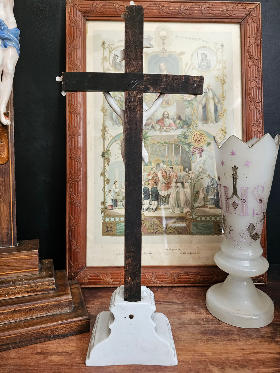 Thumbnail: Antique wooden crucifix with porcelain skull and crossbones on base
