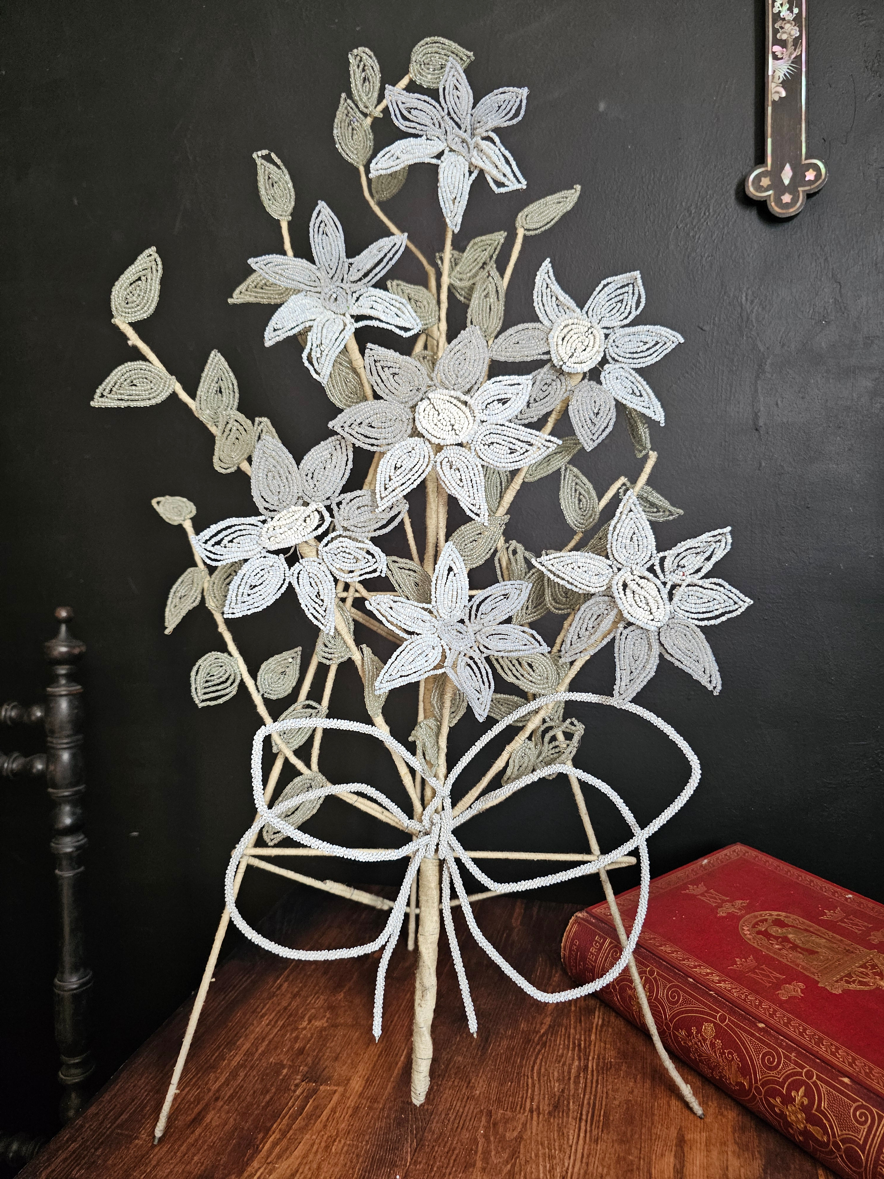 Large antique funeral bouquet with bow made with glass beads