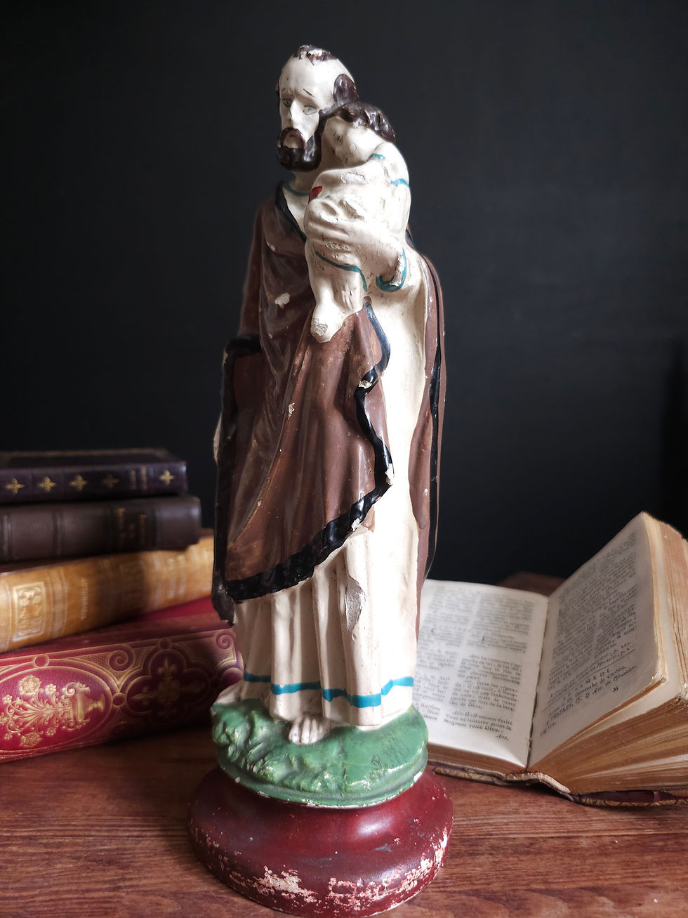 Thumbnail: Unusual Antique St Joseph and Infant Jesus polychrome plaster statue.