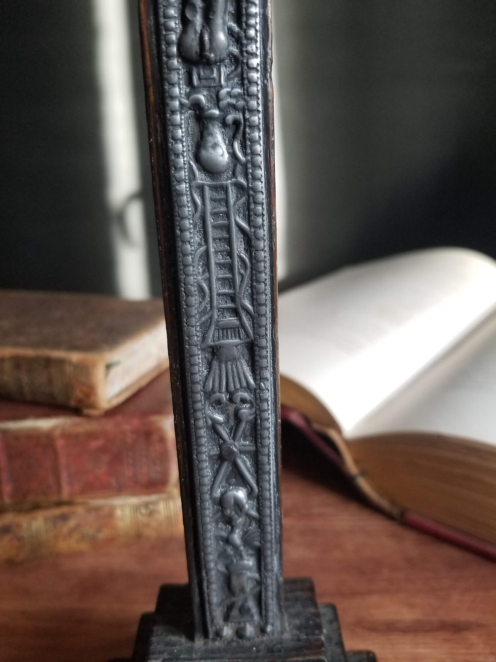 Thumbnail: Antique French peddlar's cross Crucifix de colporteur tool passion 1700 folk art wood and embossed metal  Arma Christi