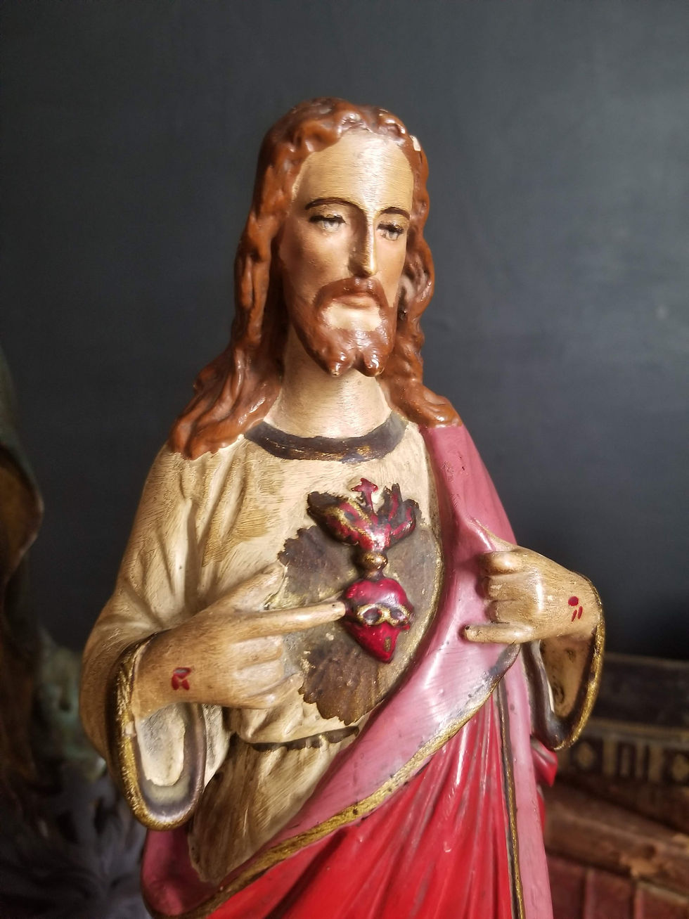 Antique Sacred Heart of Jesus polychrome plaster statue made in France