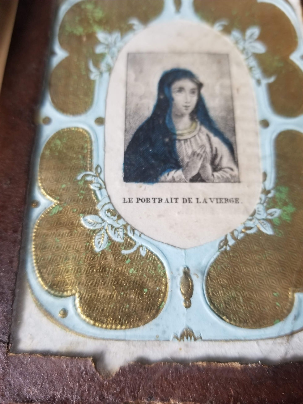 Miniature : French antique portrait of the Virgin Mary print under glass gold paint
