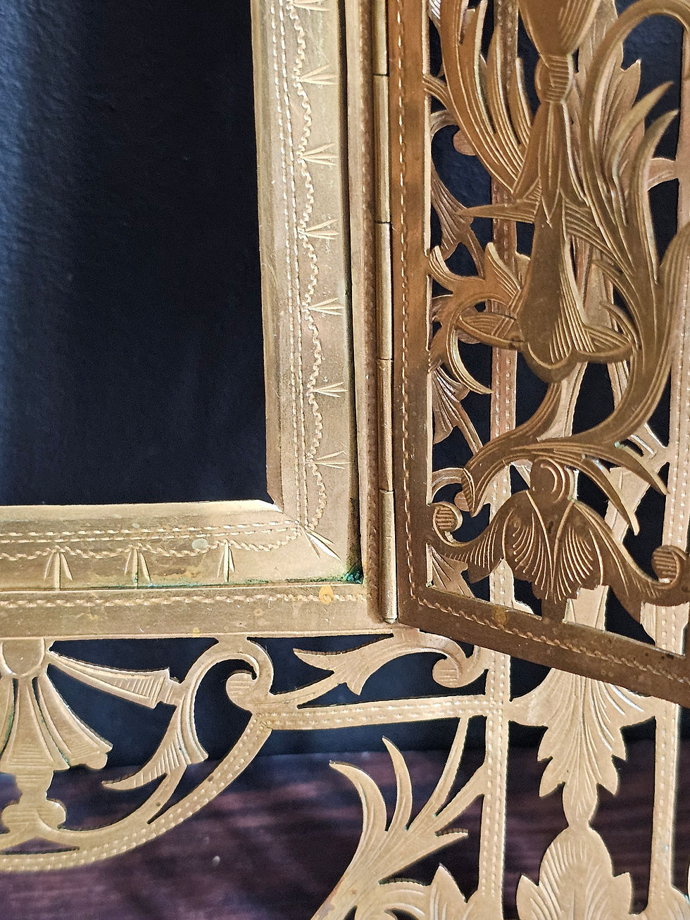 Thumbnail: Large antique religious cut brass frame with doors - Chalice, Host and leaf