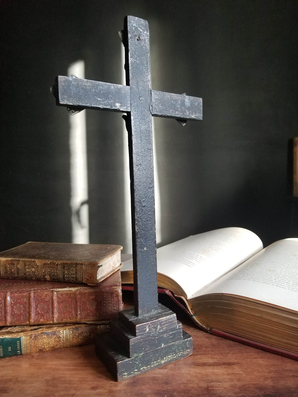 Thumbnail: Antique French peddlar's cross Crucifix de colporteur tool passion 1700 folk art wood and embossed metal  Arma Christi