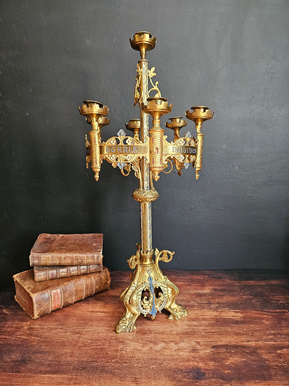 French antique church candelabra with bleu enamel painted details Tower David