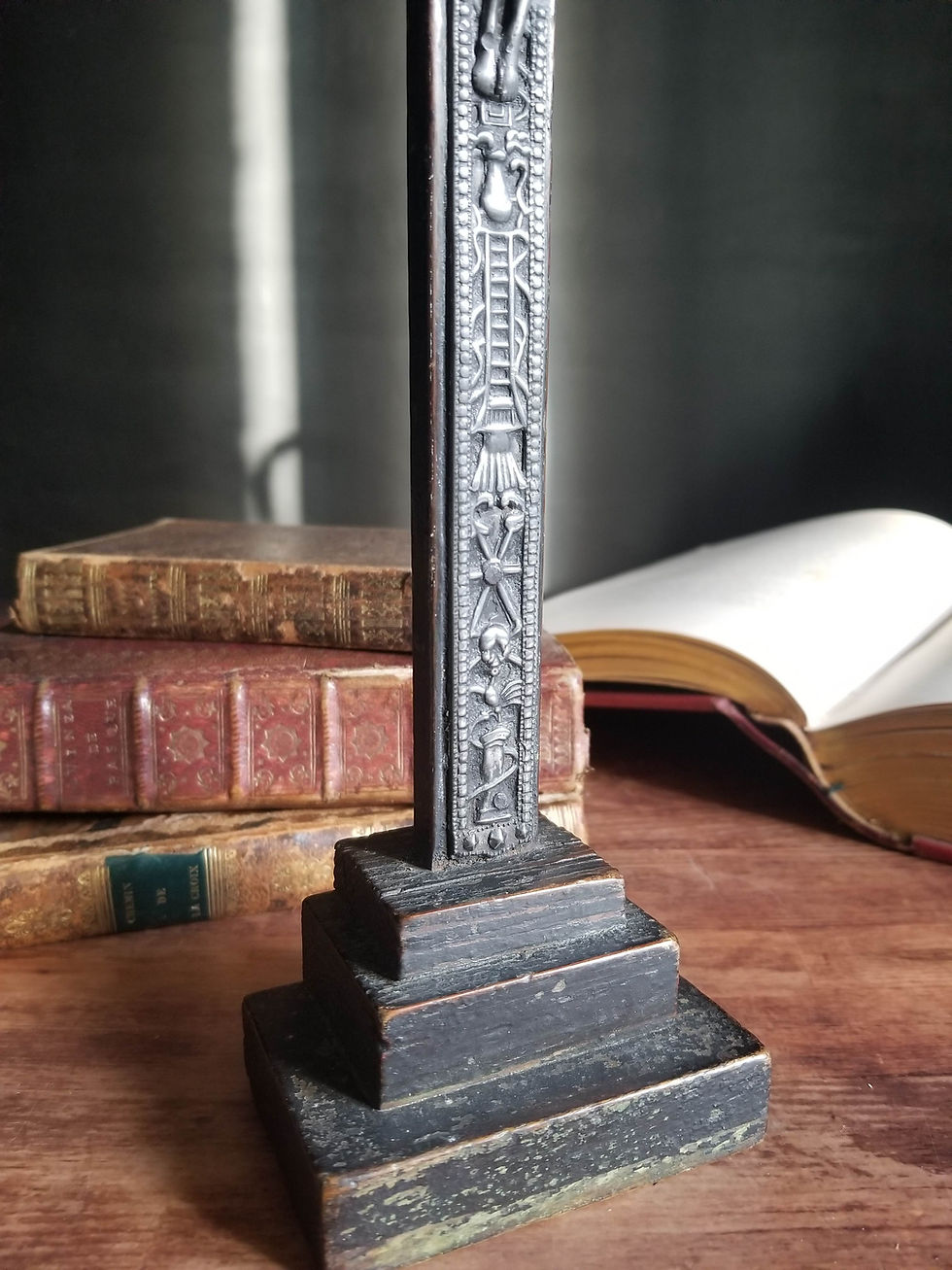 Thumbnail: Antique French peddlar's cross Crucifix de colporteur tool passion 1700 folk art wood and embossed metal  Arma Christi