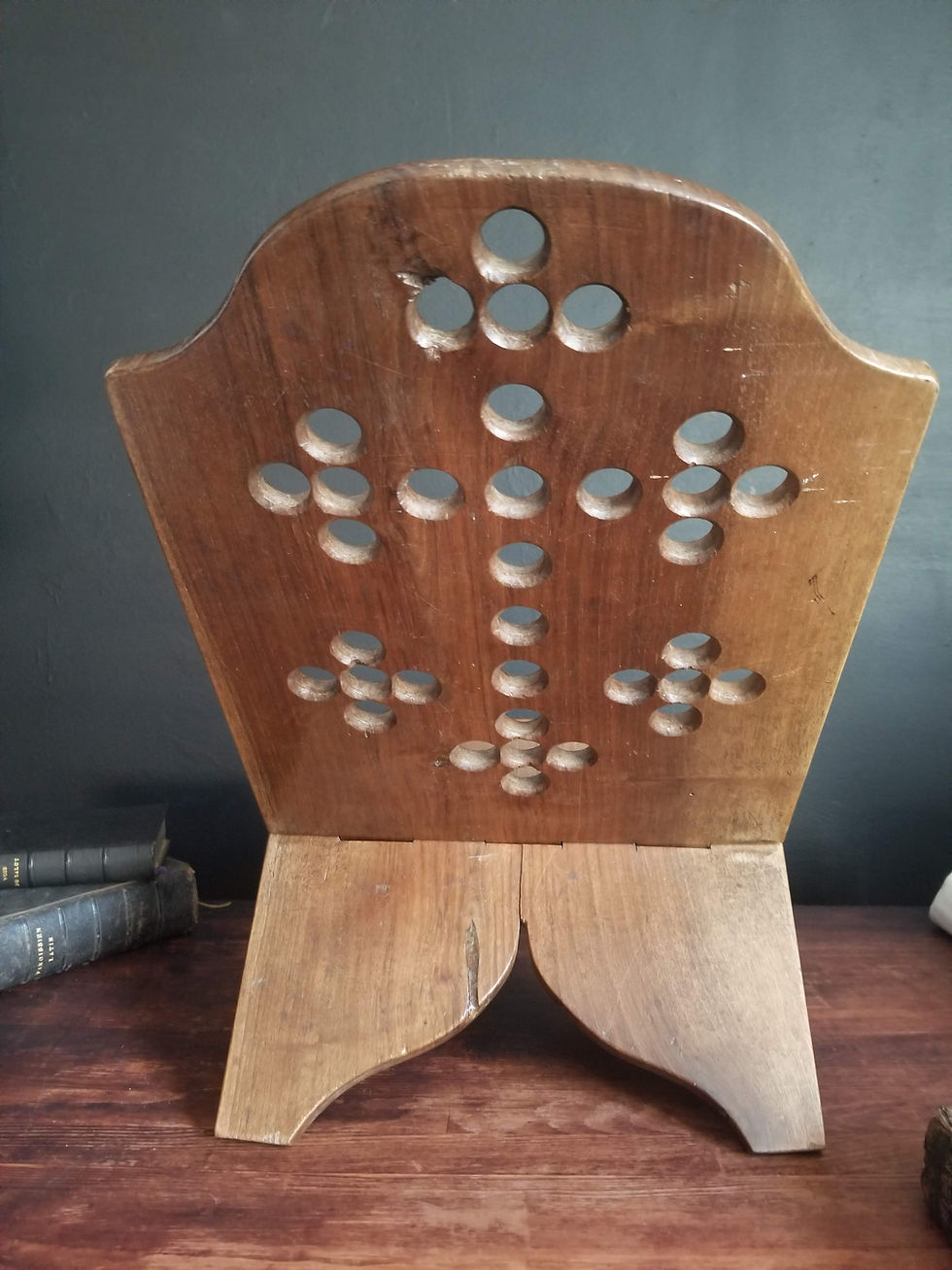 Thumbnail: Antique wooden church lectern or Bible holder stand with cross