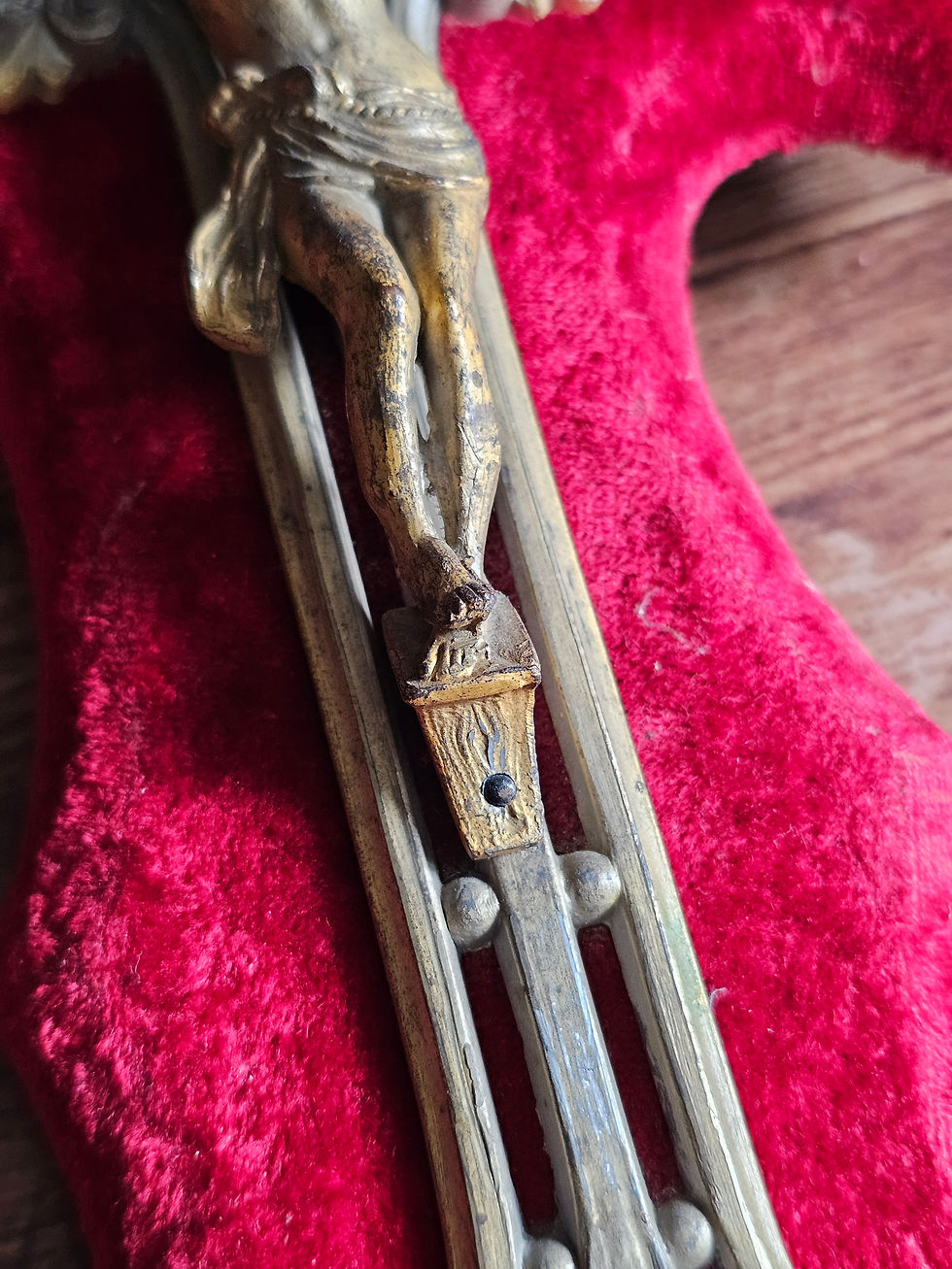 Thumbnail: Large antique red velvet and metal wall crucifix with Holy water font