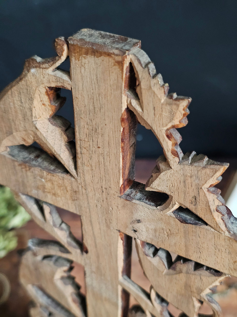 Thumbnail: Antique carved wood cross with vine leaves, grapes and serpent.