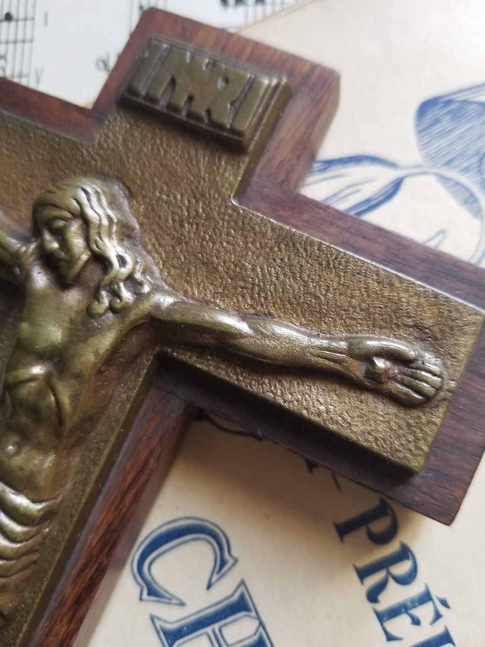 Thumbnail: French antique bronze and wood cross by L Artaud, Dorlia crucifix