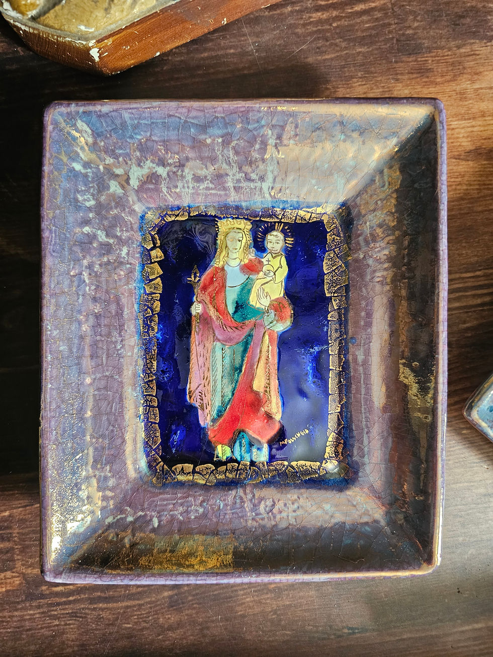 Miniature : Vintage Virgin Mary and Infant Jesus  enameled ceramic plaque by Michel Folscheid