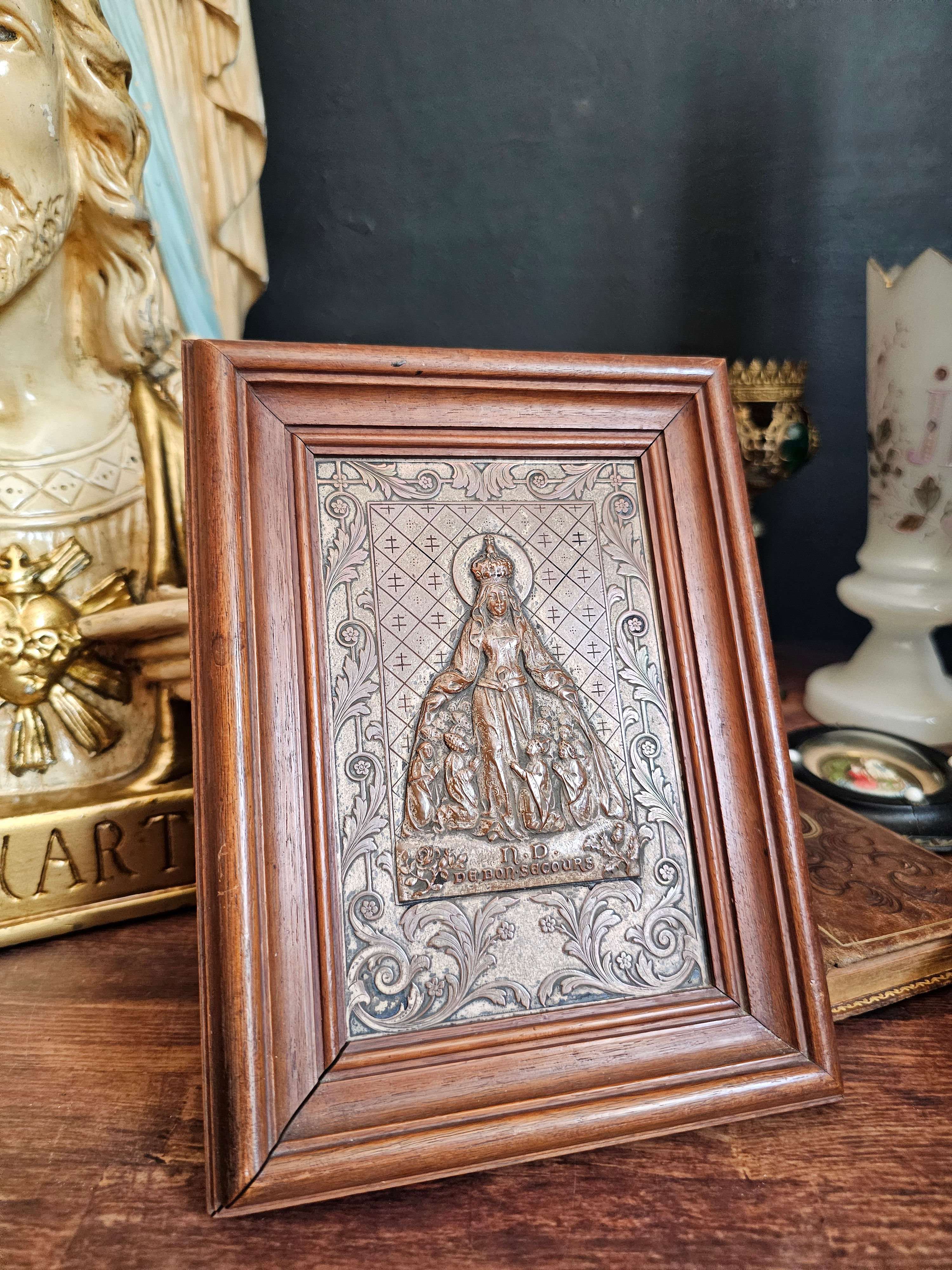 French antique Our Lady of Good Help framed metal plaque Notre Dame de bon secours