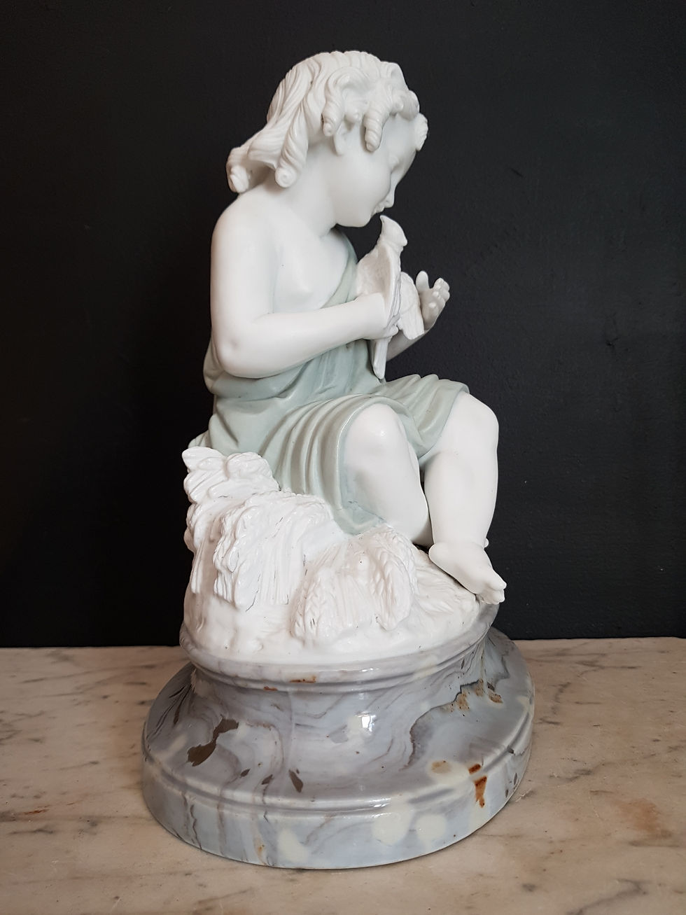 Thumbnail: French antique statue of the Infant Jesus with a dove  signed LM Letu & Mauger
