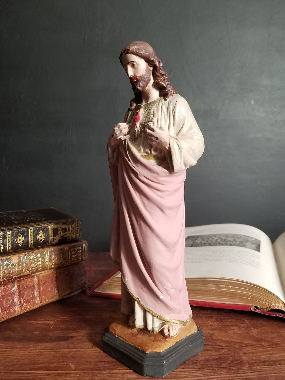Thumbnail: French antique Sacred Heart of Jesus plaster statue marked DSR