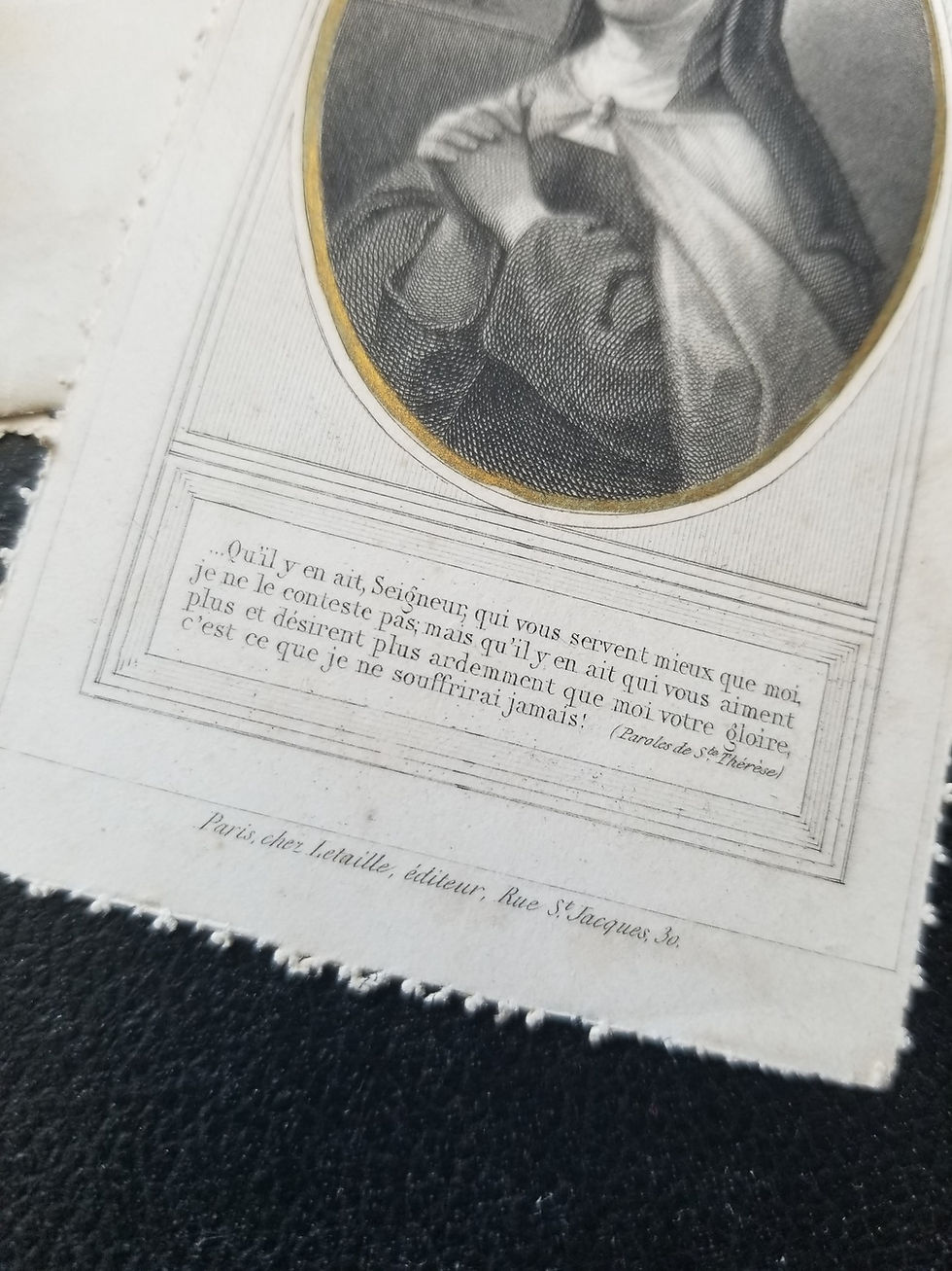 Miniature : French antique prayer card for St Therese of Avila and Mary