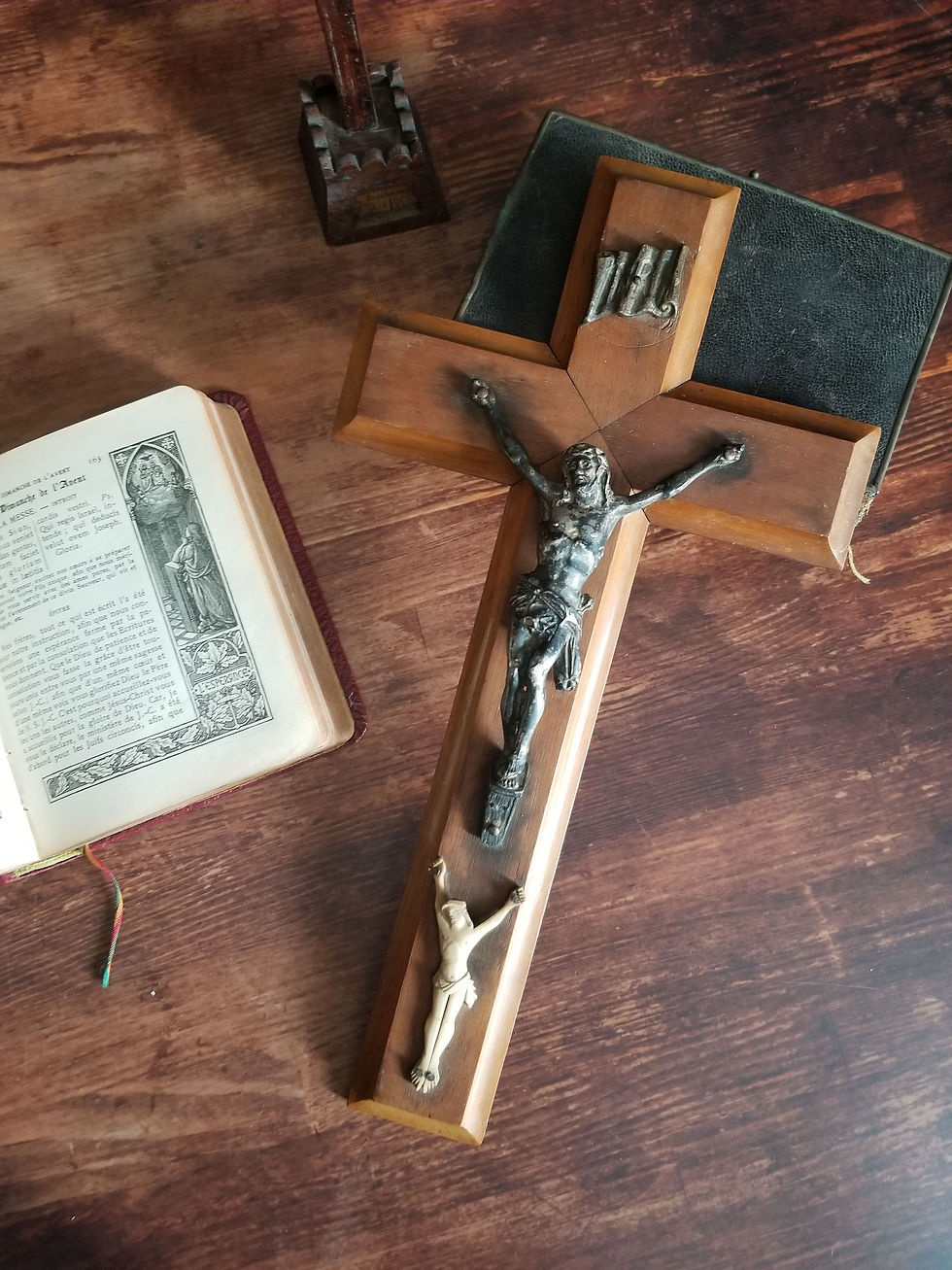 Unusual French antique wood crucifix with two Christ, metal and bone Corpus Christi