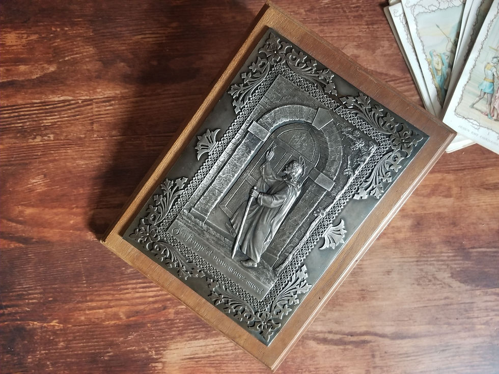 Antique Jesus standing at the door metal bas relief signed Louis Tricard