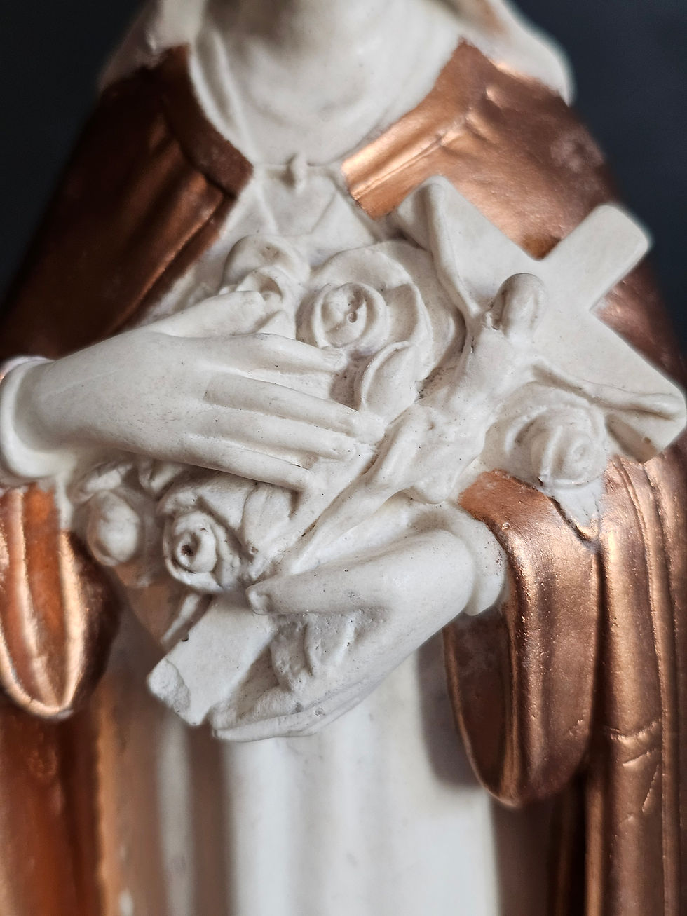 Thumbnail: Vintage St Therese of Lisieux customized plaster statue with gold mantle