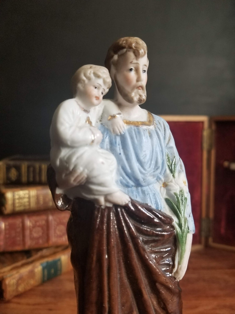 Thumbnail: Antique St Joseph and Infant Jesus bisque porcelain figurine