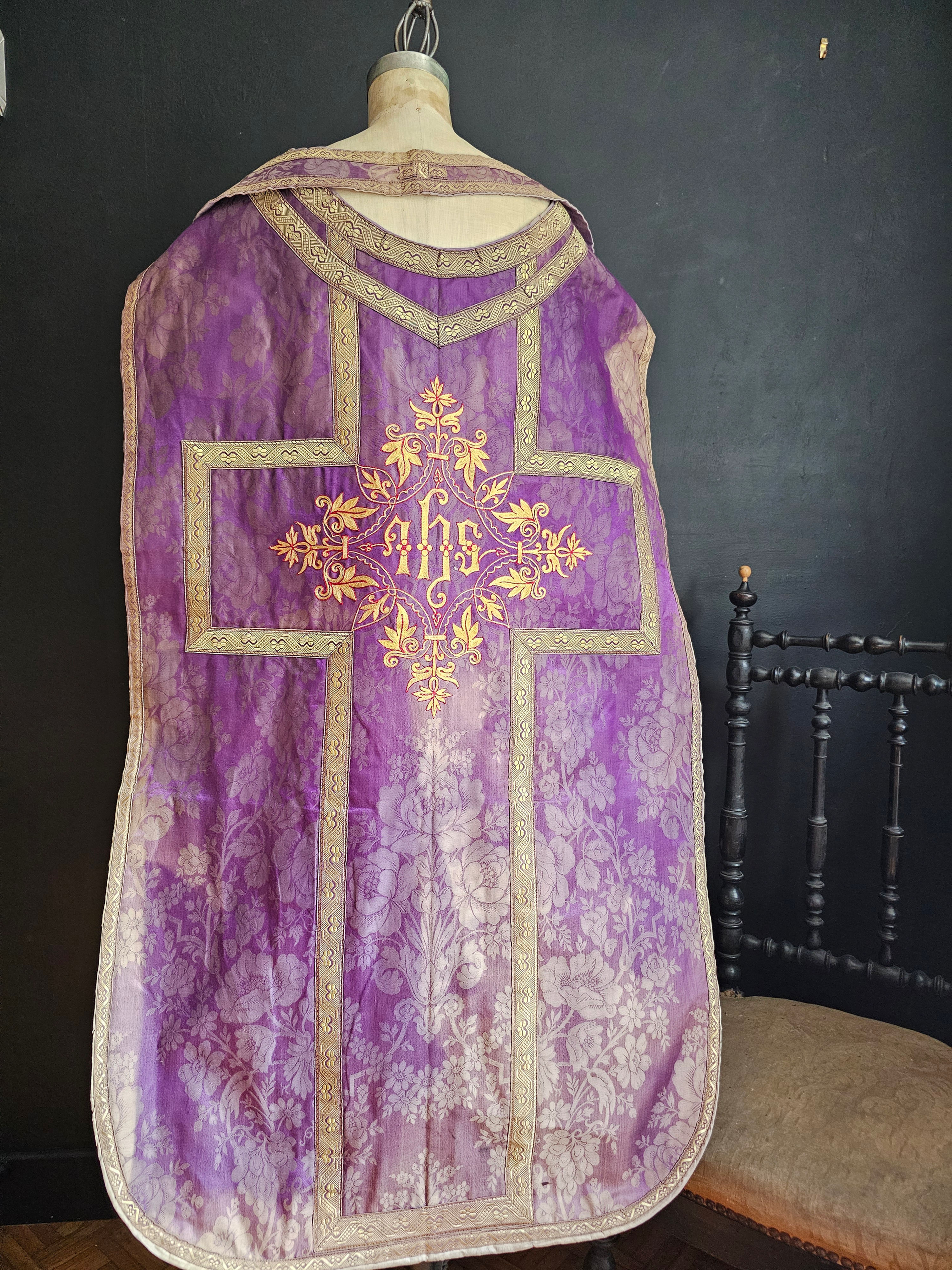 Antique priest purple damask chasuble with embroidery and stole