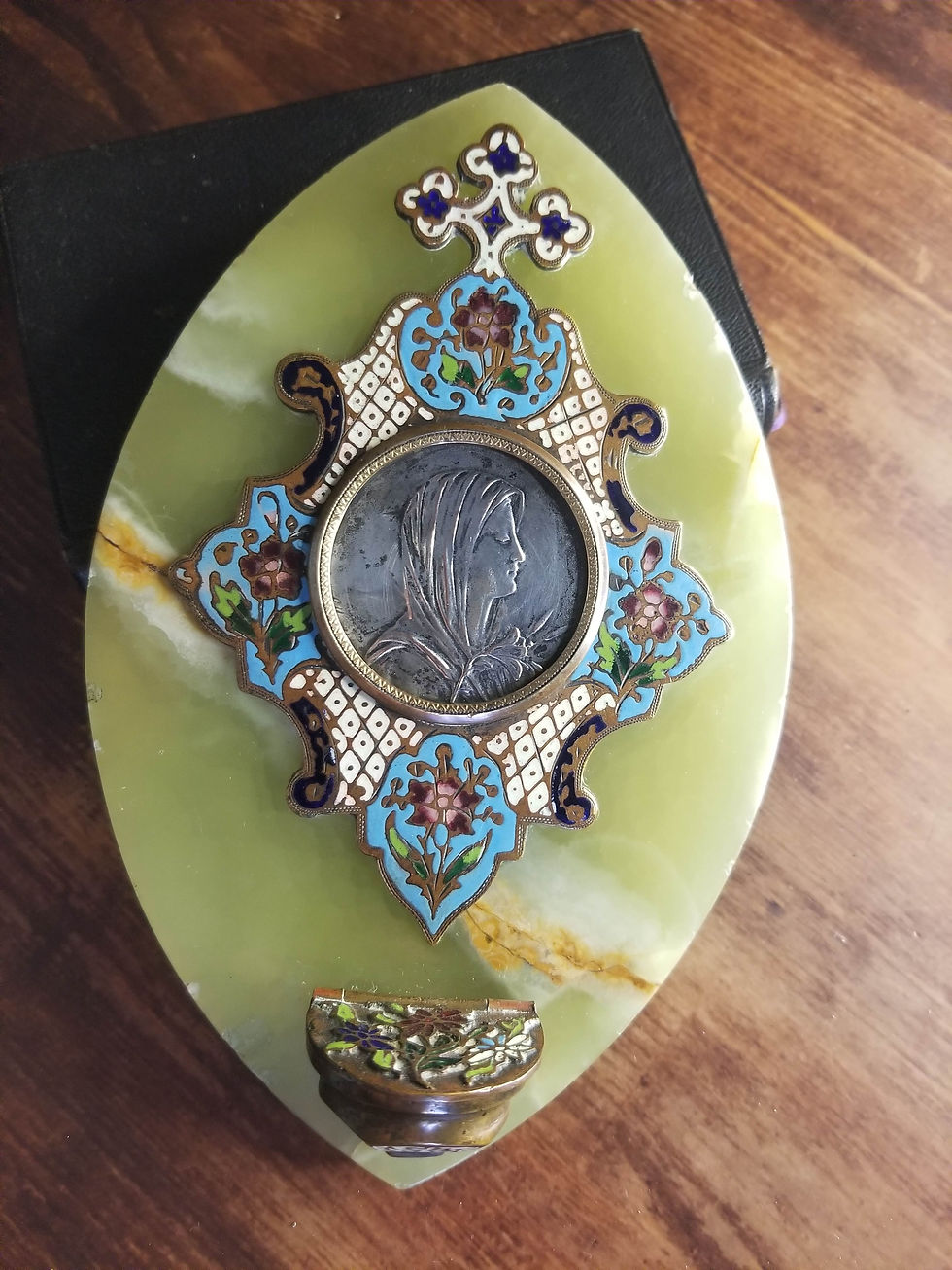 French antique onyx and cloisonne enamel plaque with Holy Water font. Mary portrait