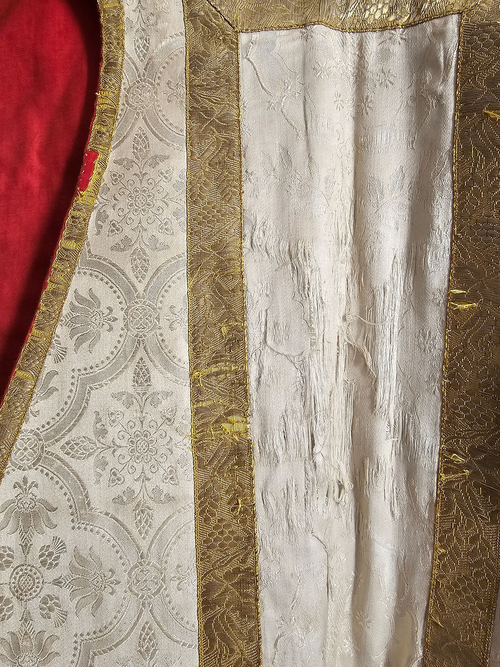 Thumbnail: Vintage cream priest's chasuble with A M initials - very worn