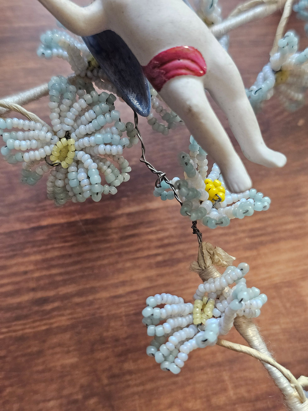 Thumbnail: Antique funeral wreath in glass beads with bisque angel - small