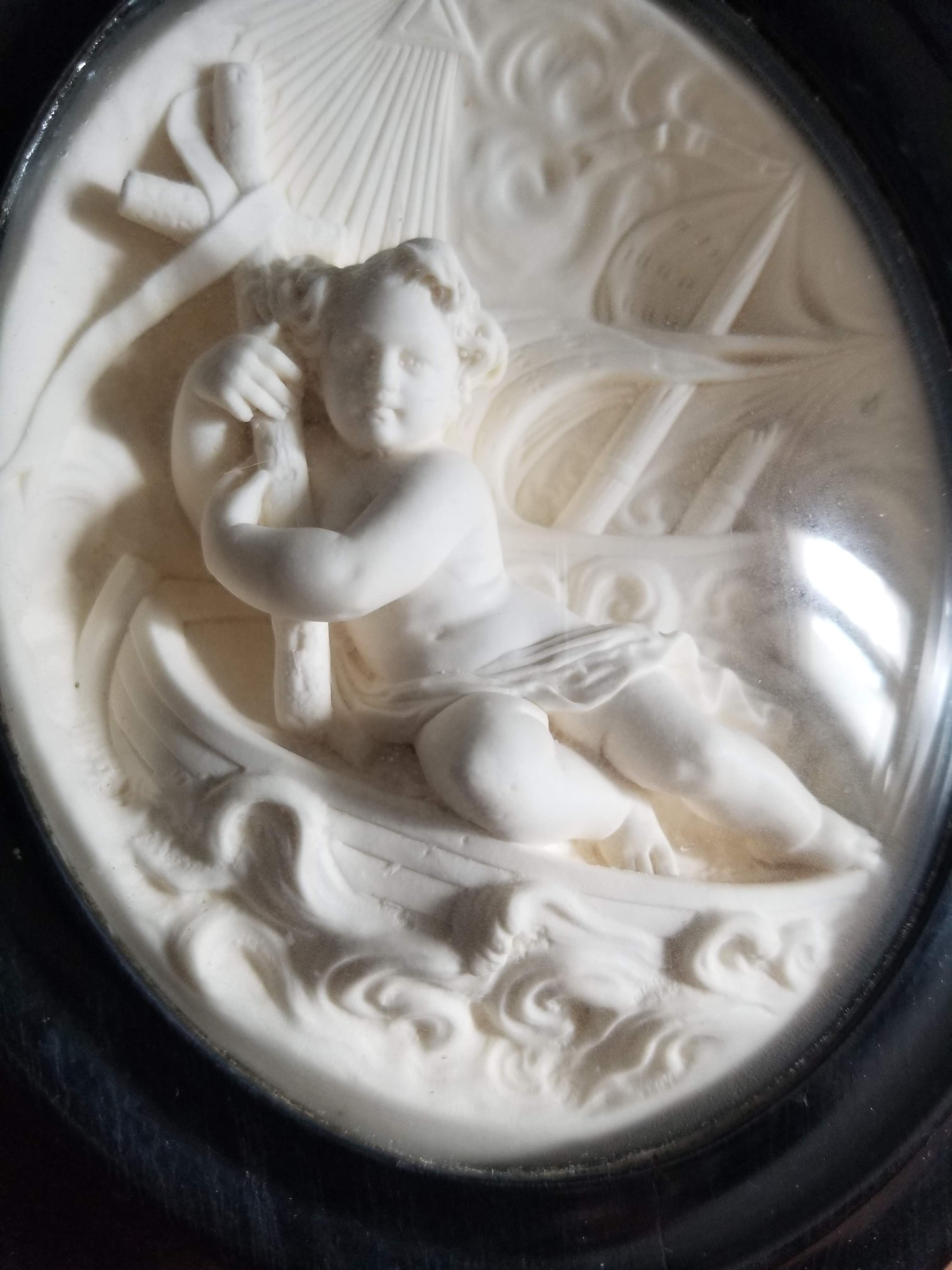 French antique Infant Jesus in a little boat on a stormy day signed meerschaum calm storm lake
