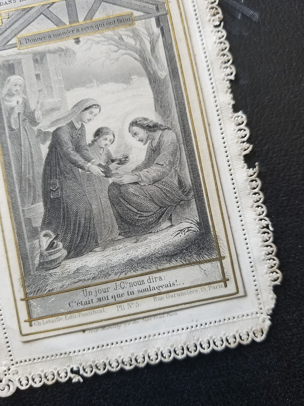 Miniature : Rare French antique prayer card. The seven works of mercy. Canivet lace cut