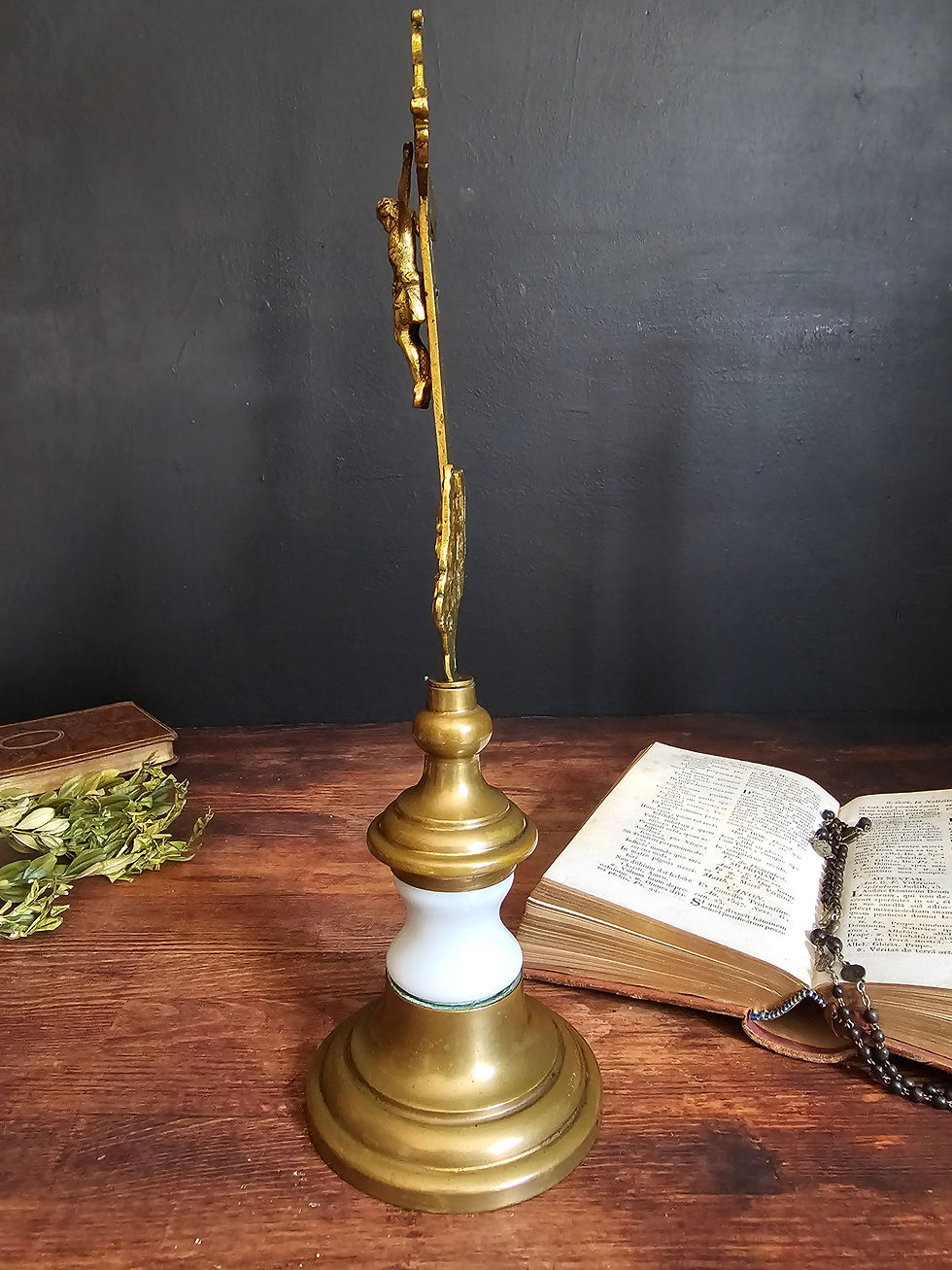 Thumbnail: Antique altar metal crucifix with two cherubs and opaline glass base