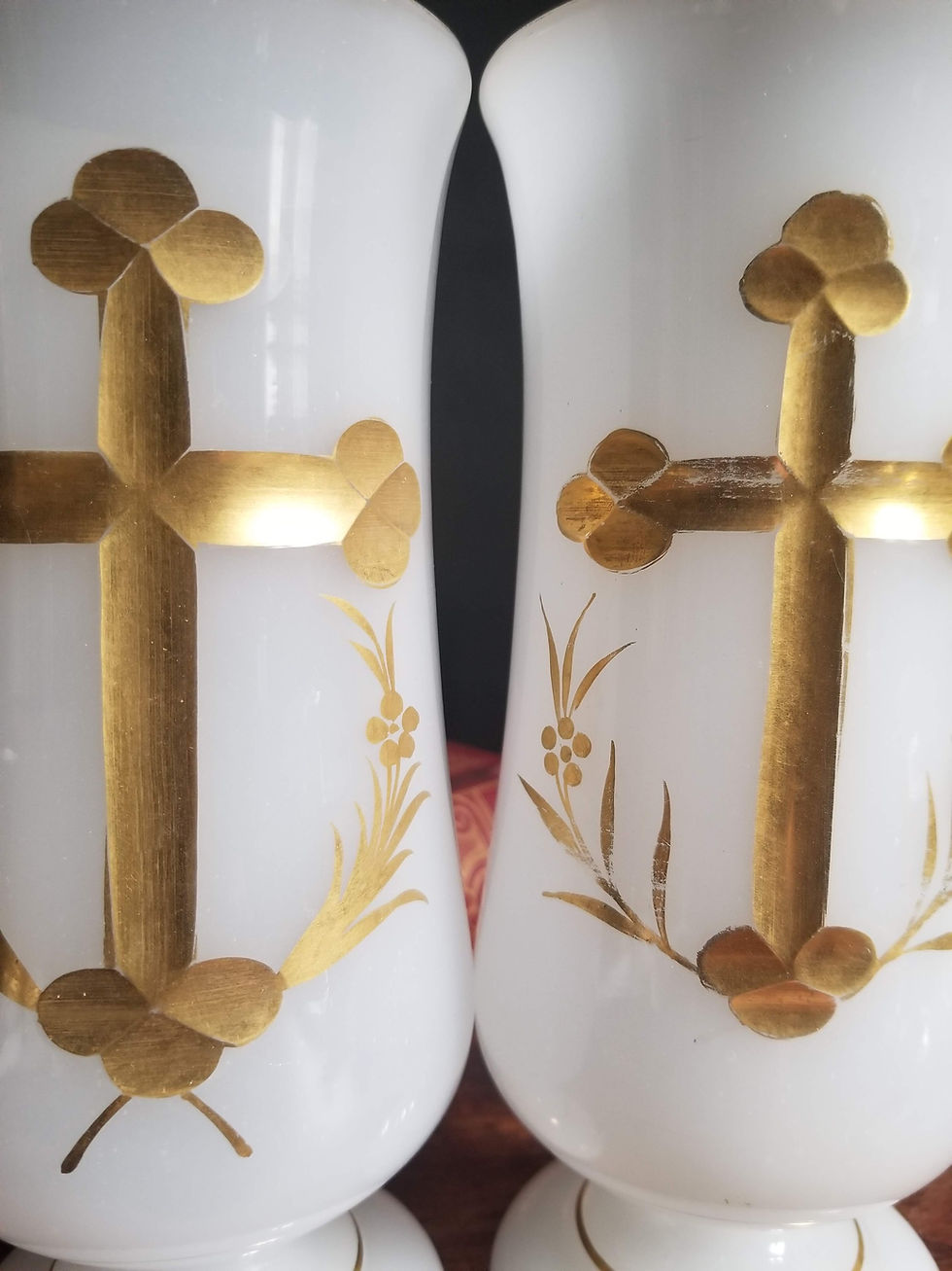 Thumbnail: Antique pair of church altar opaline vases with golden cross