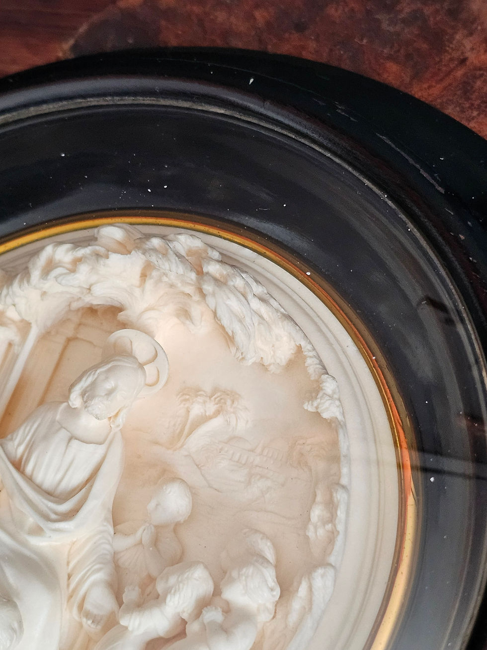 Thumbnail: Antique French meerschaum Jesus Christ and the little children in round frame with convex, domed glass