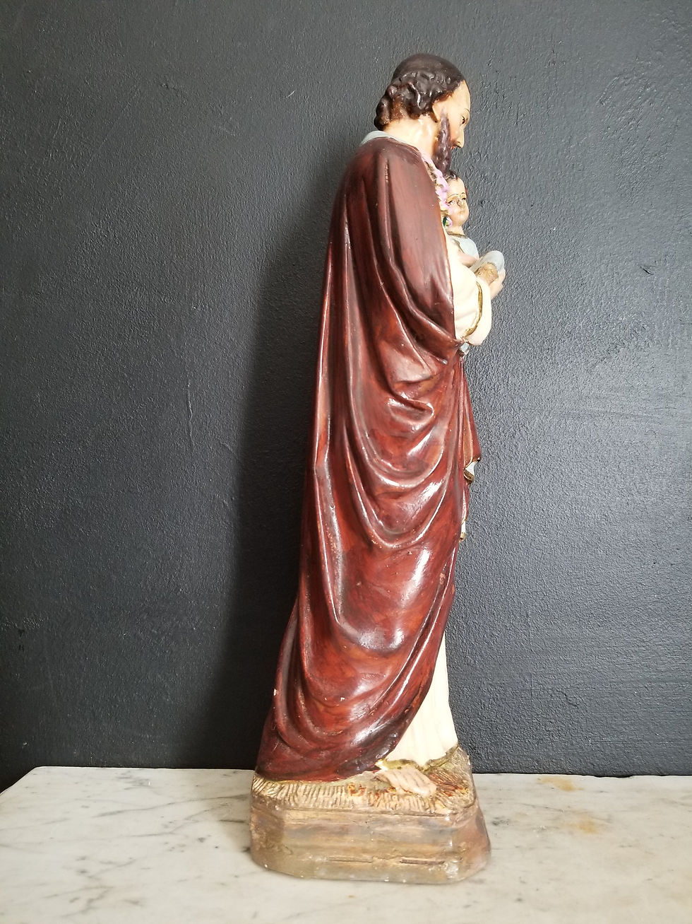 Thumbnail: Antique St Joseph and Infant Jesus polychrome plaster statue. Bacci, France