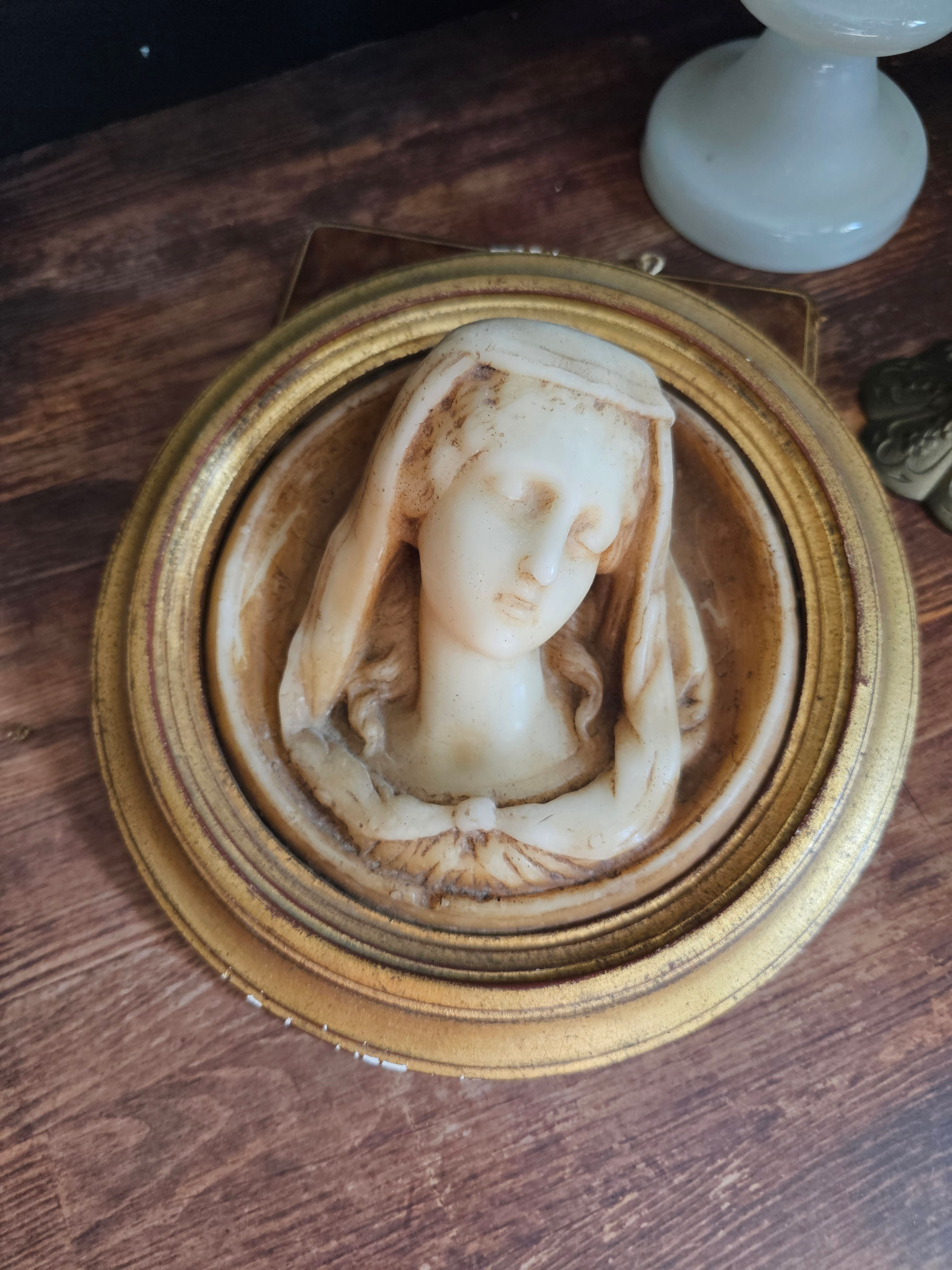 Vintage French wax high relief portrait of the Virgin Mary in gold painted frame
