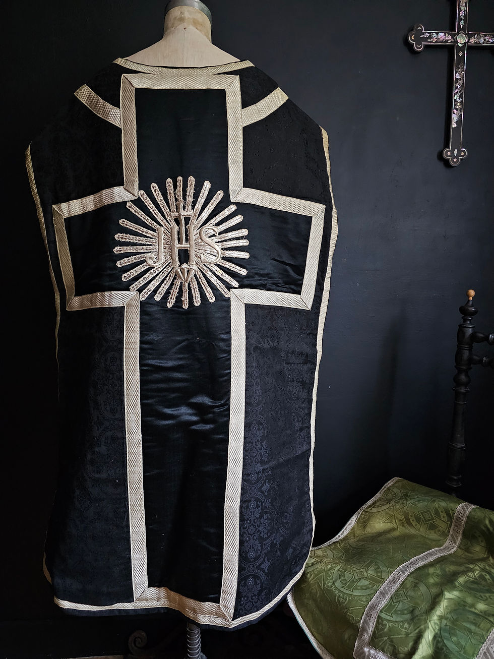 Antique priest black chasuble with IHS Christogram embroidery